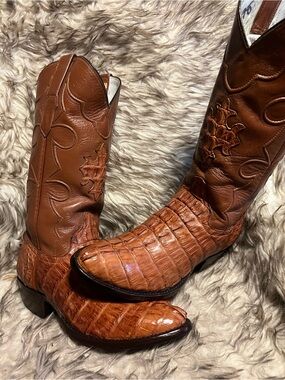 Men's COWTOWN Brown Exotic CAIMAN & Leather Cowboy Boots New HEEL CAPS Sz 6.5 EE